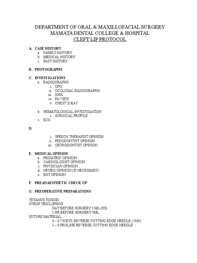 Cleft Lip and Palate Surgical Protocol | PDF
