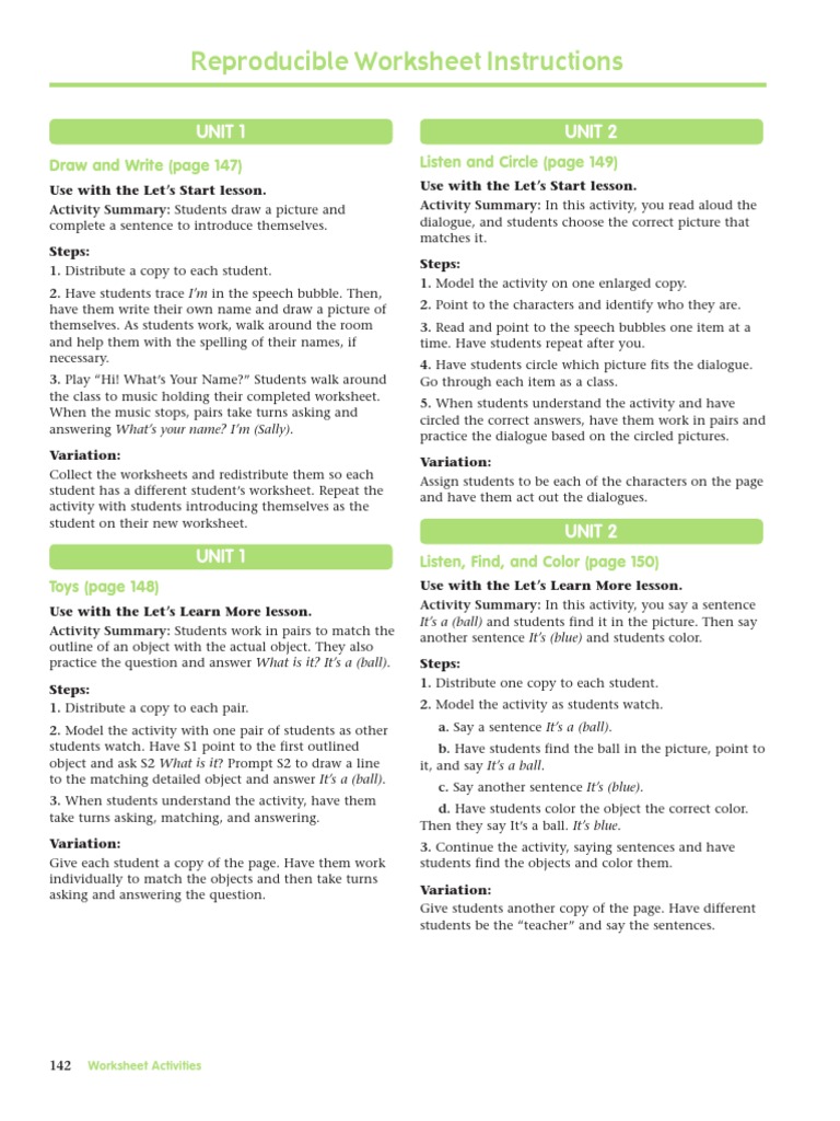 Reproducible Worksheet Instructions: Unit 1 Unit 2 | PDF | Leisure