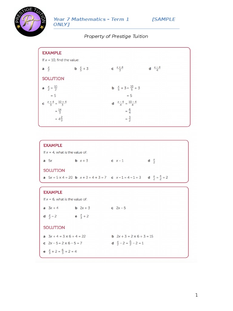 Year 7 Mathematics Term 1 Overview | PDF