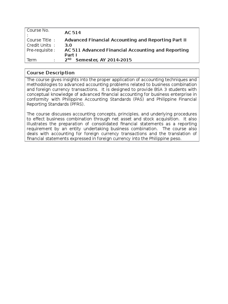 Advanced Financial Accounting II Course | PDF | Accounting | Mergers ...