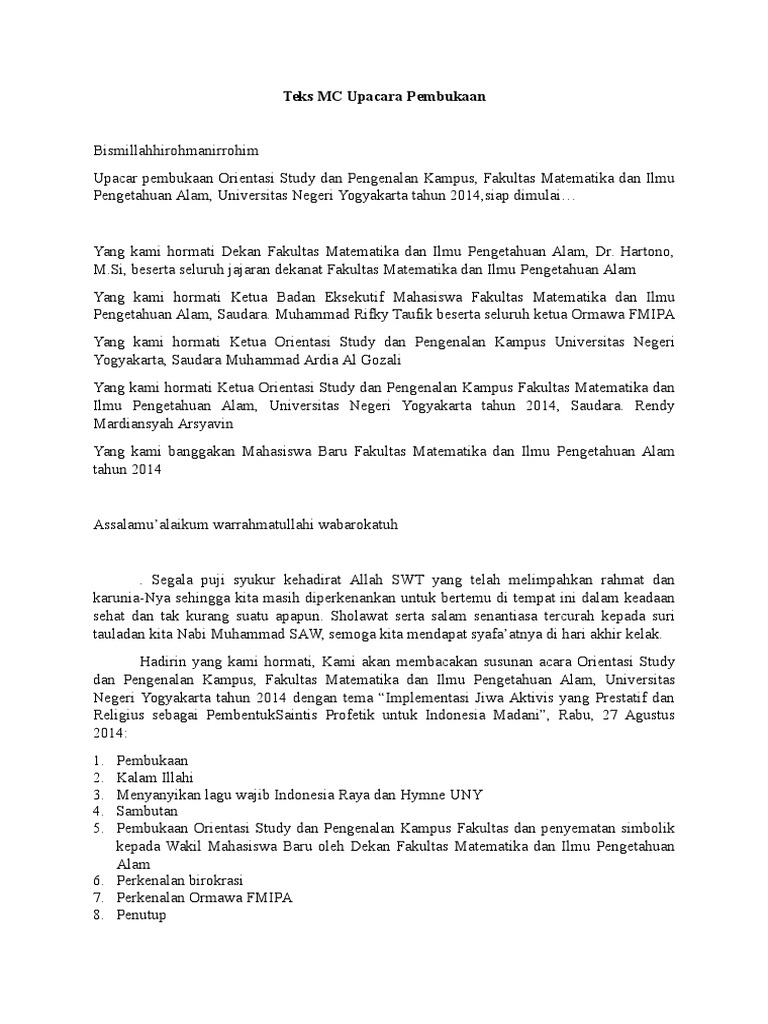Teks Mc Upacara Pembukaan