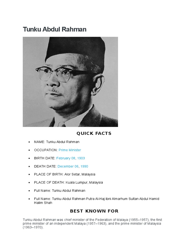 Tunku Abdul Rahman Biography | Malaysia | Southeast Asia