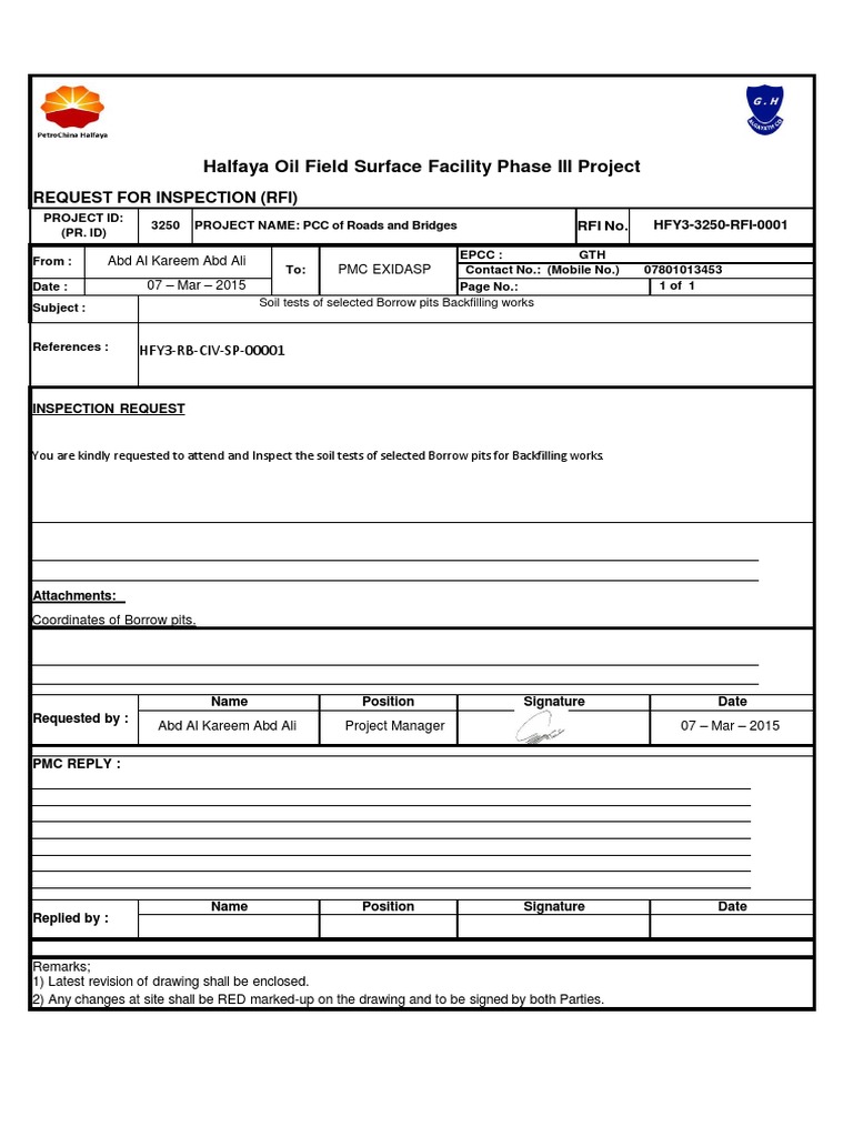 Soil Test Inspection Request for Halfaya Project | PDF | Business ...