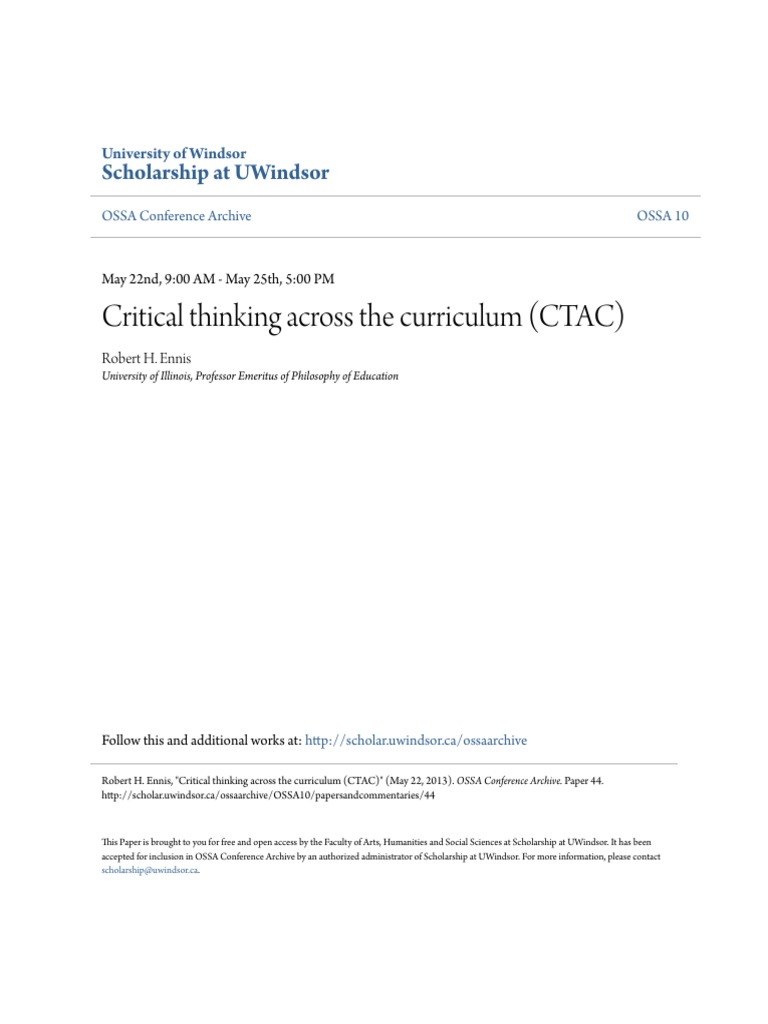 Critical Thinking Across The Curriculum (CTAC) PDF | PDF