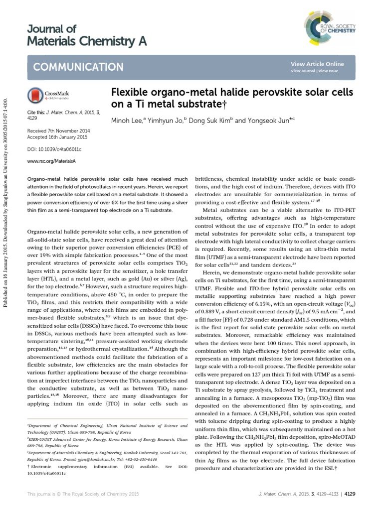 Flexible Organo-Metal Halide Perovskite Solar Cells On A Ti Metal ...