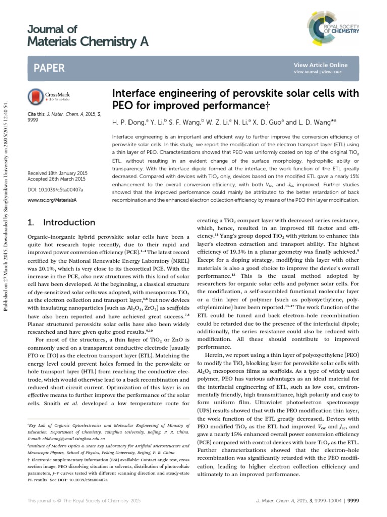 Interface Engineering of Perovskite Solar Cells With PEO For Improved ...