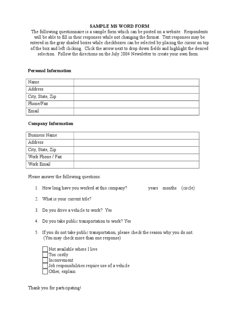Sample MS Word Questionnaire Form | PDF
