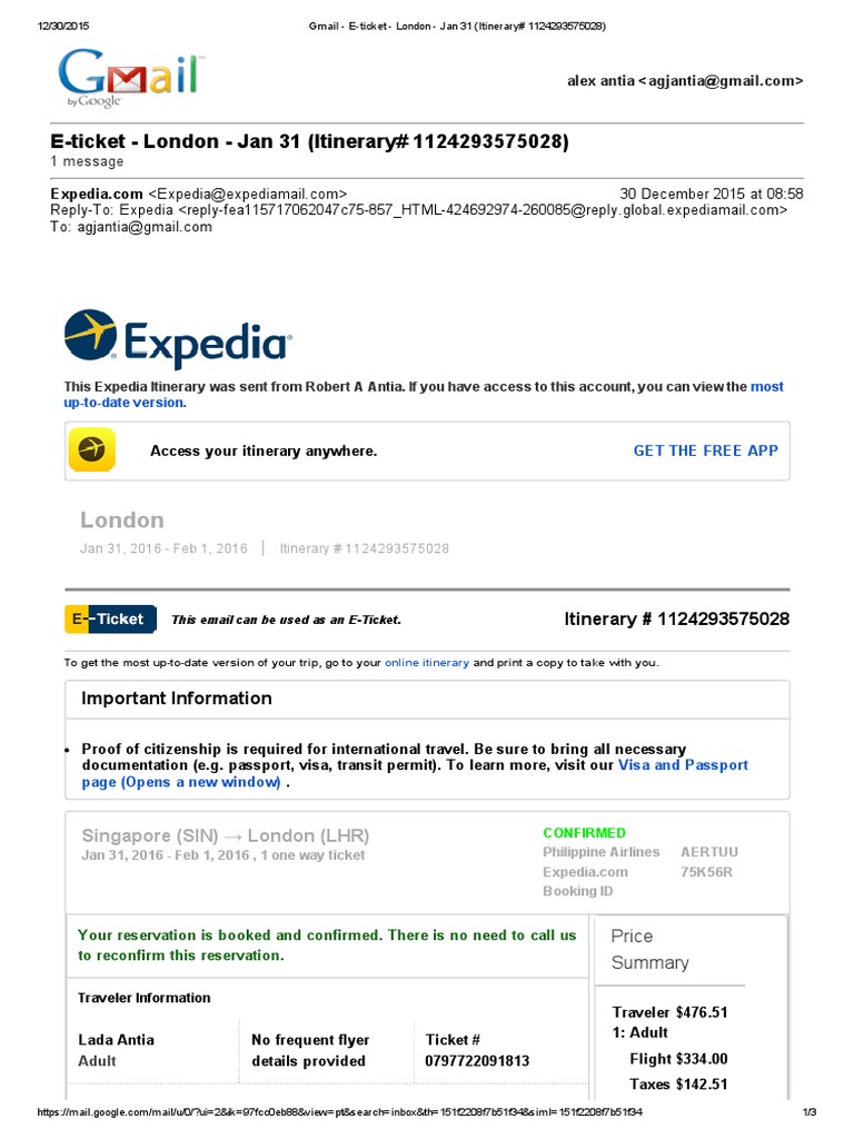 Expedia E-Ticket for London Trip | PDF | Fee | Transport