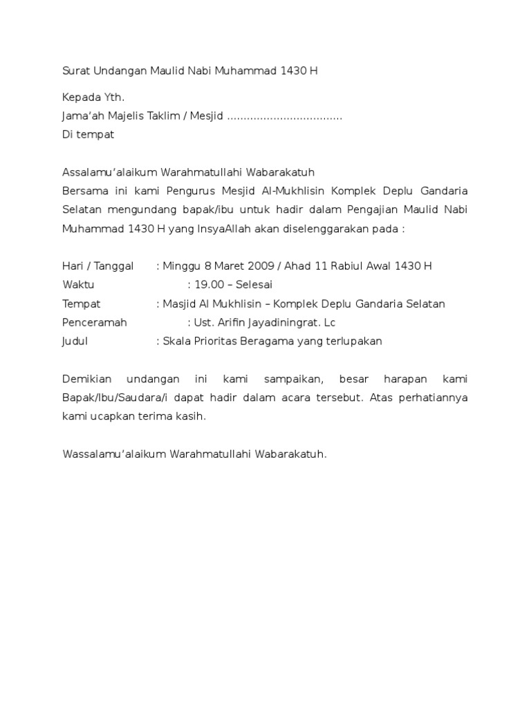 64 Contoh Surat Undangan Acara Maulid Nabi Saw Terbaru