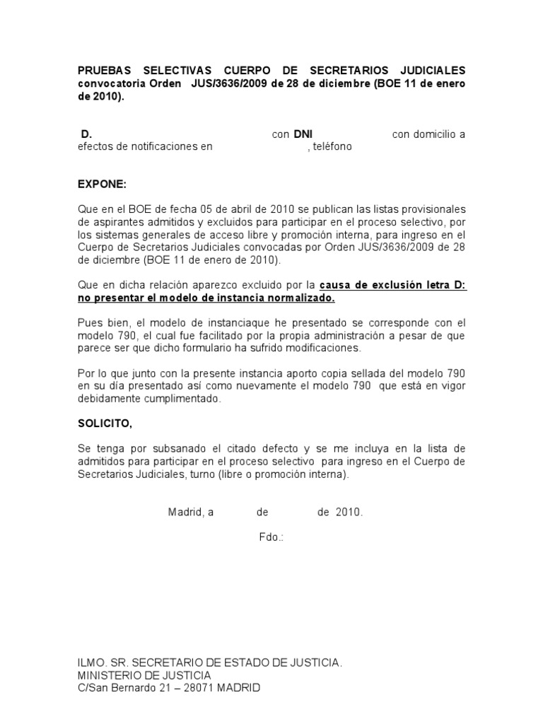 Modelo Subsanar Defecto Instancia Secretarios Oep 2009 | PDF