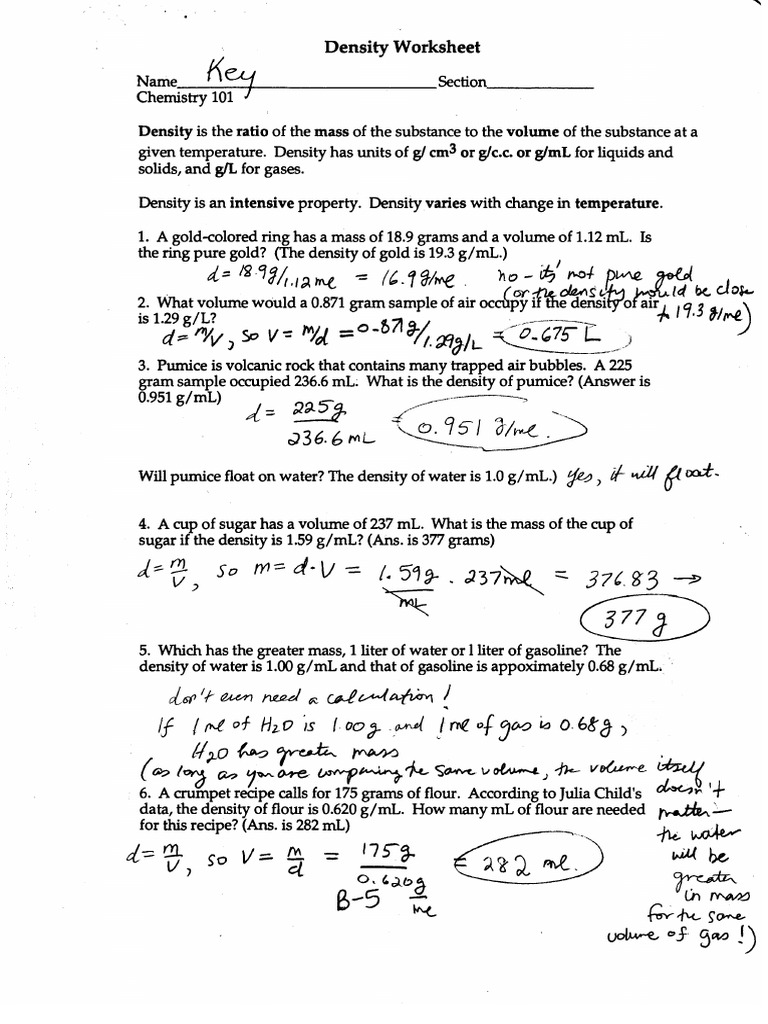 Density Practice Key  PDF For Density Worksheet Chemistry Answers