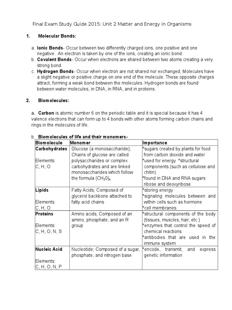 Study Guide for Final Exam Matter and Energy in Organisms 