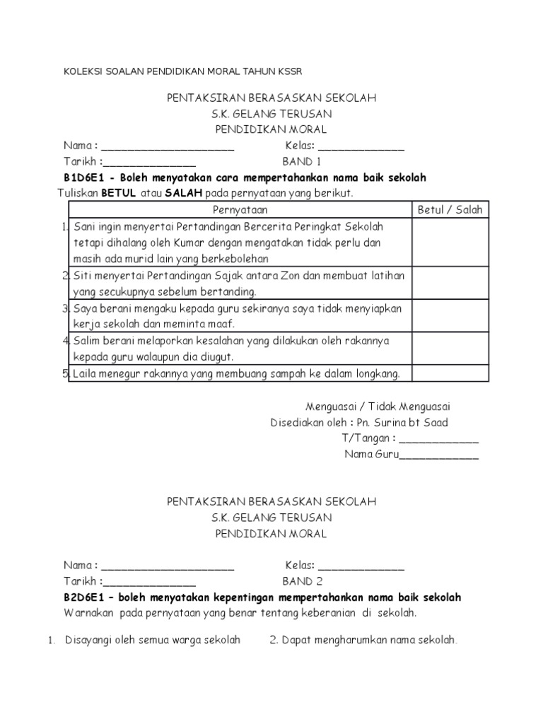 Koleksi Soalan Pendidikan Moral Tahun Kssr