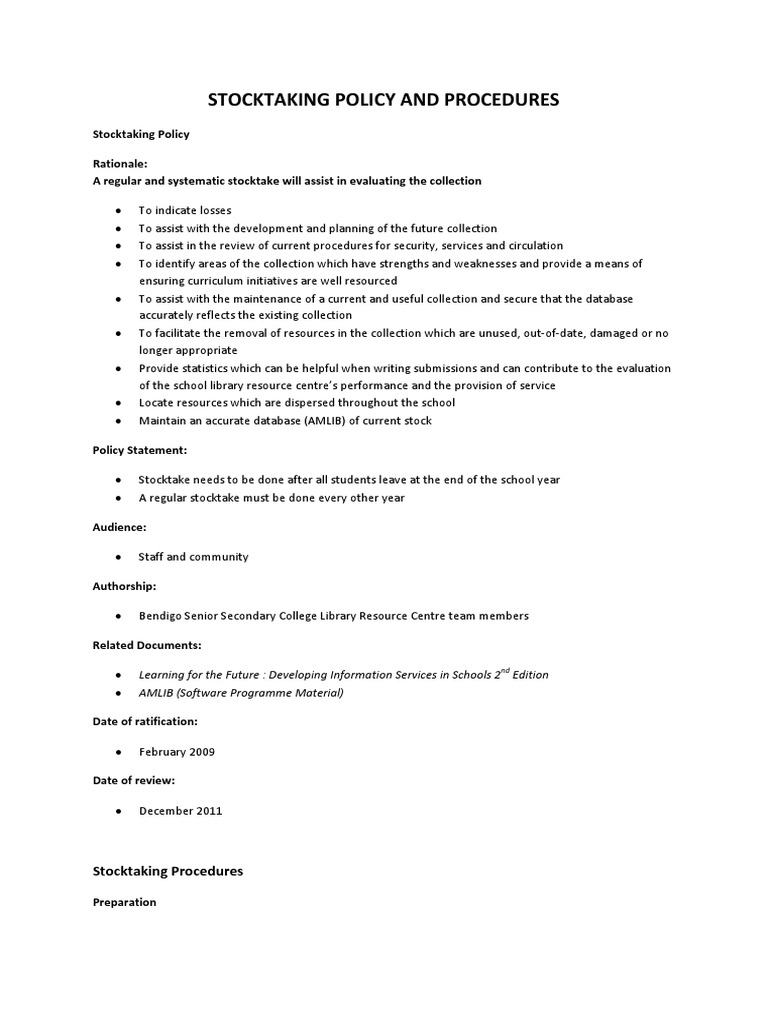 Stocktaking Policy and Procedures | PDF | Libraries | Databases