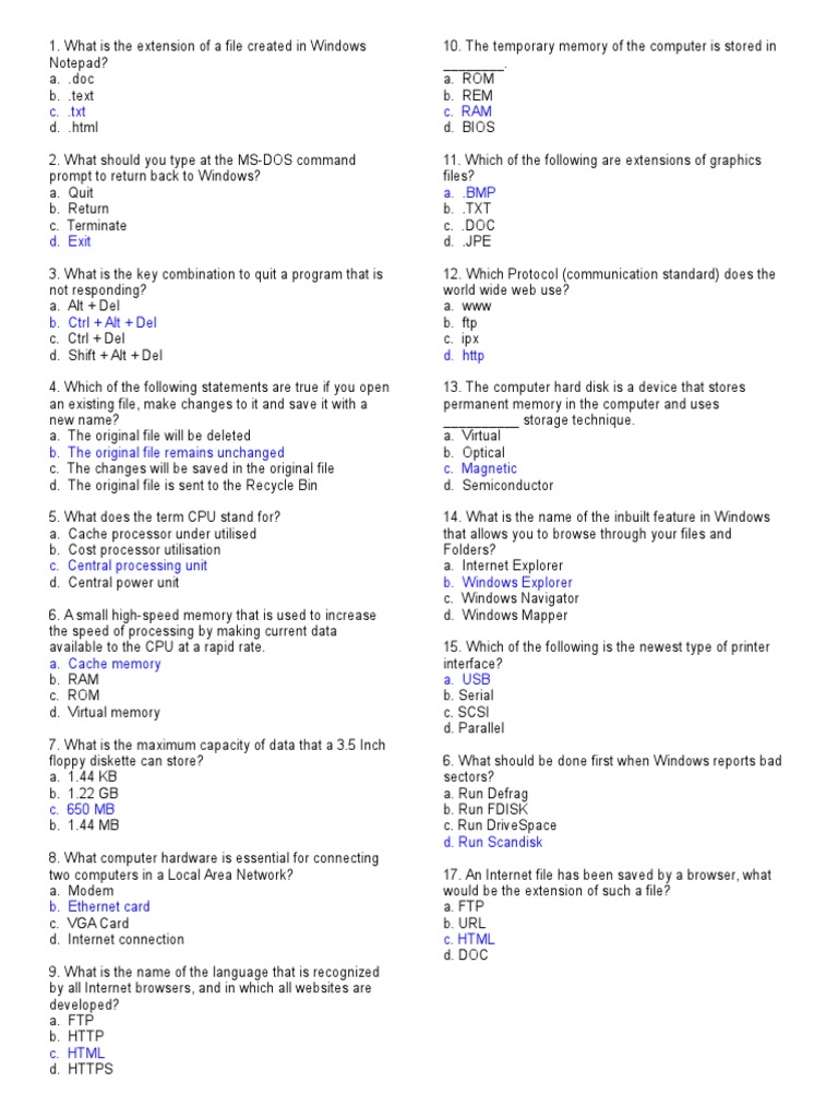 Basic Computer Skills Test - 1 | Computer File | Computer Data Storage