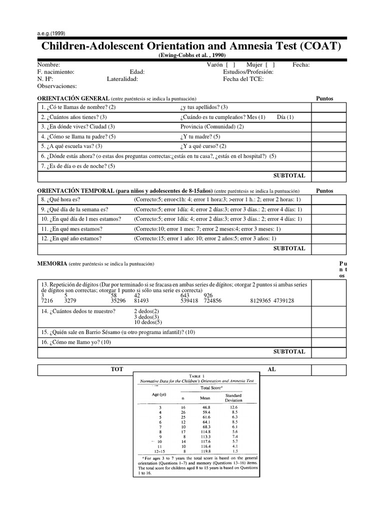 COAT (ChildrenAdolescent Orientation and Amnesia Test) PDF