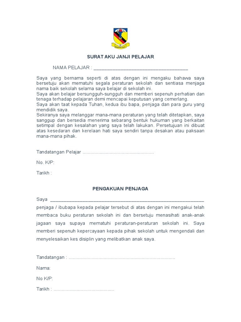 Surat Akur Janji Pelajar Upsr