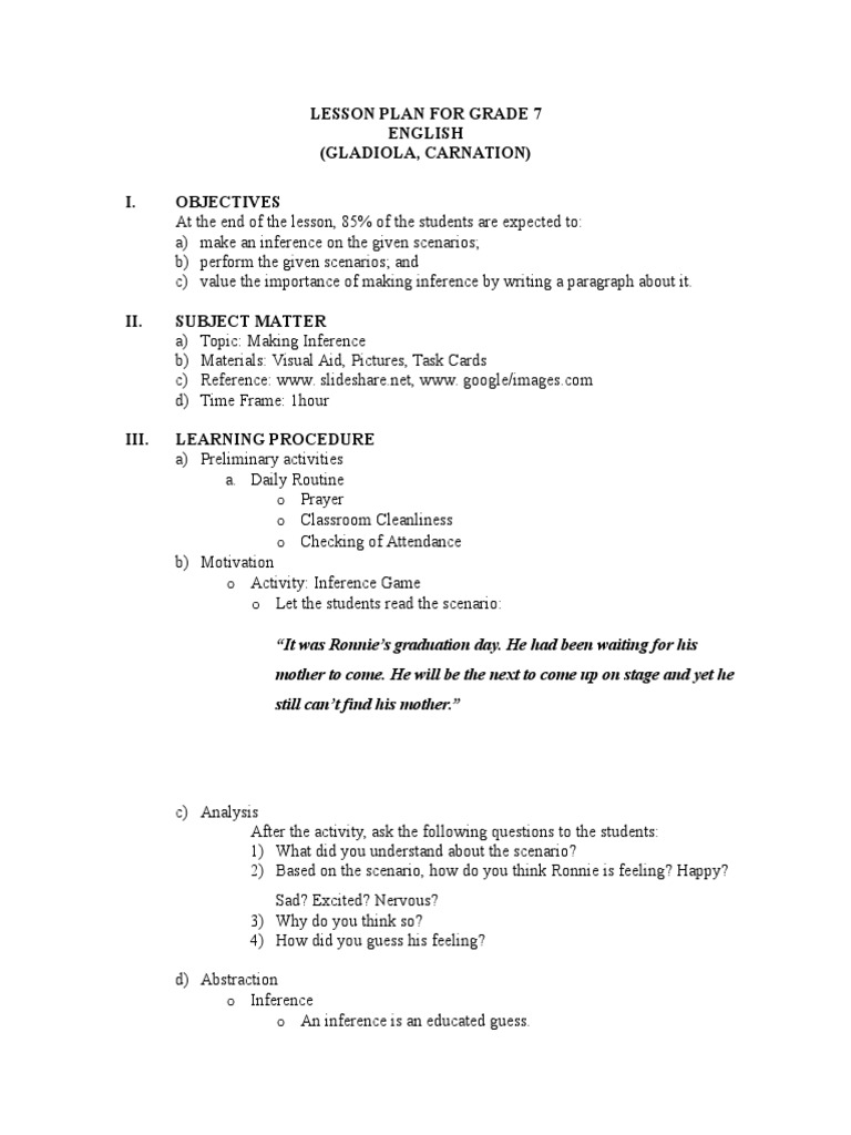 Lesson Plan For Grade 7 English (Gladiola, Carnation) I. Objectives ...