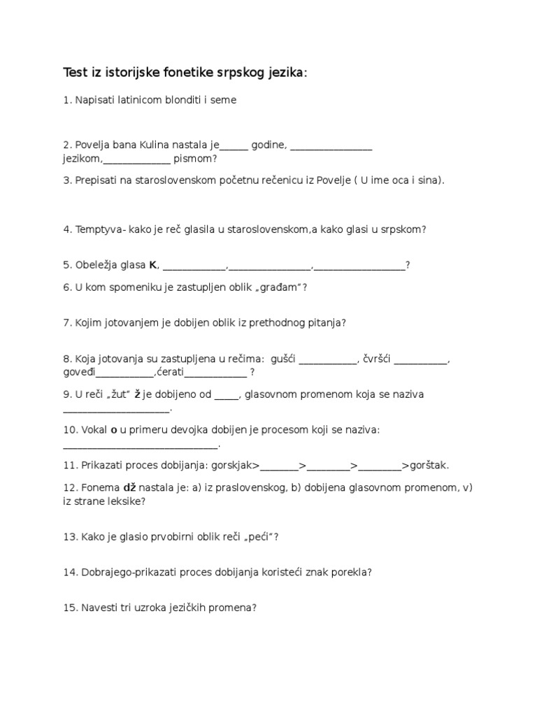 Test Iz Istorijske Fonetike Srpskog Jezika | PDF