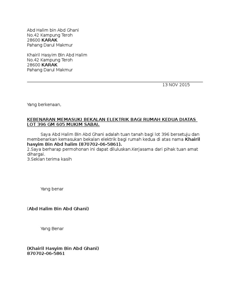 Contoh Surat Pemegang Akaun Tnb Dlm Syatrikat