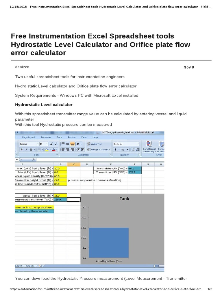 Free Instrumentation Excel Spreadsheet tools Hydrostatic Level
