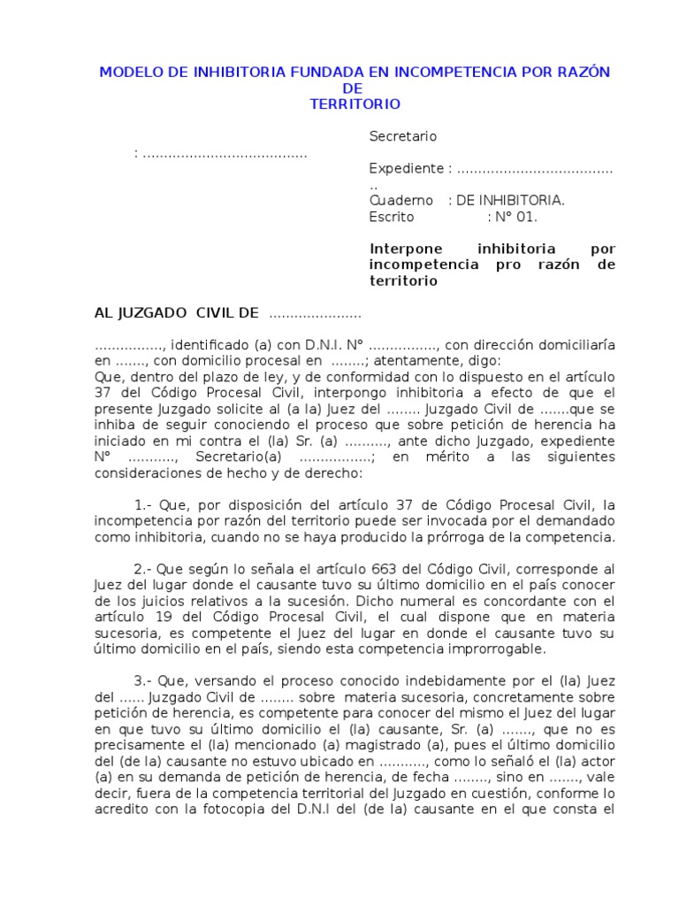 Modelo de Inhibitoria Fundada en Incompetencia Por Razón de | Demanda