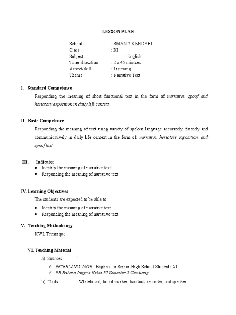Lesson Plan Listening Narrative Text Pdf Lesson Plan Educational