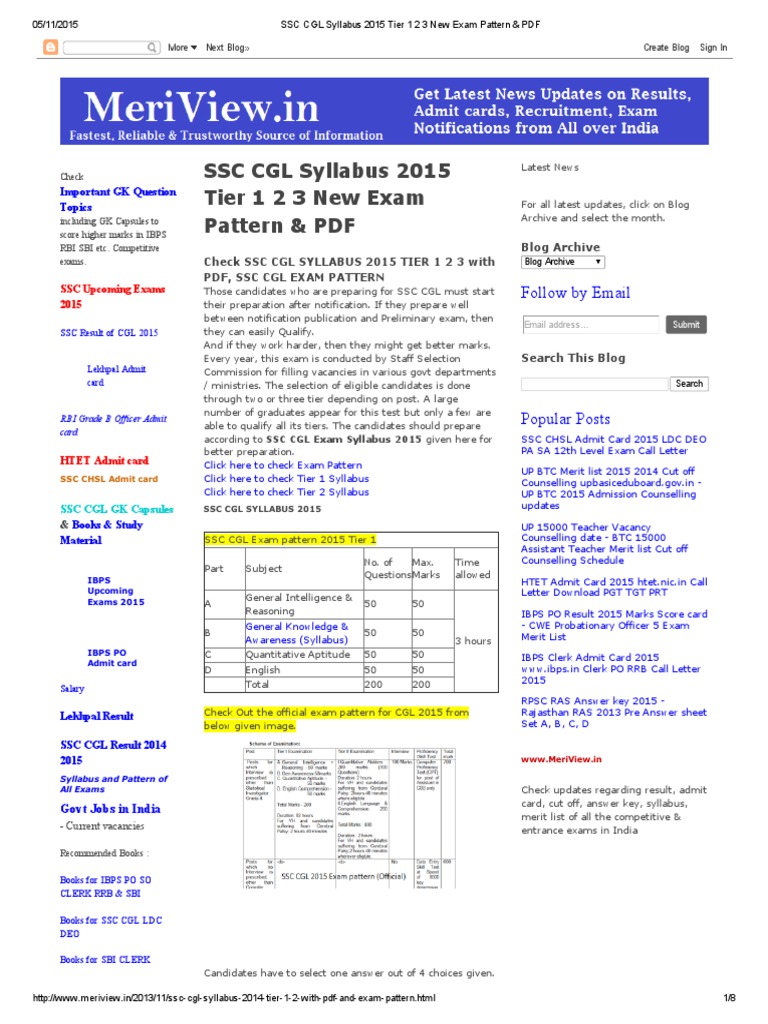 SSC CGL Syllabus 2015 Tier 1 2 3 New Exam Pattern PDF PDF