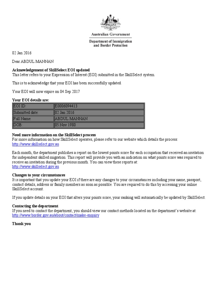 SkillSelect EOI Update Confirmation | PDF