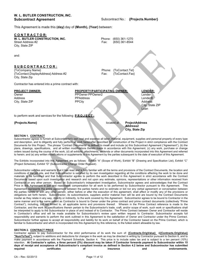 Sample Standard Subcontract Agreement Indemnity Surety Bond