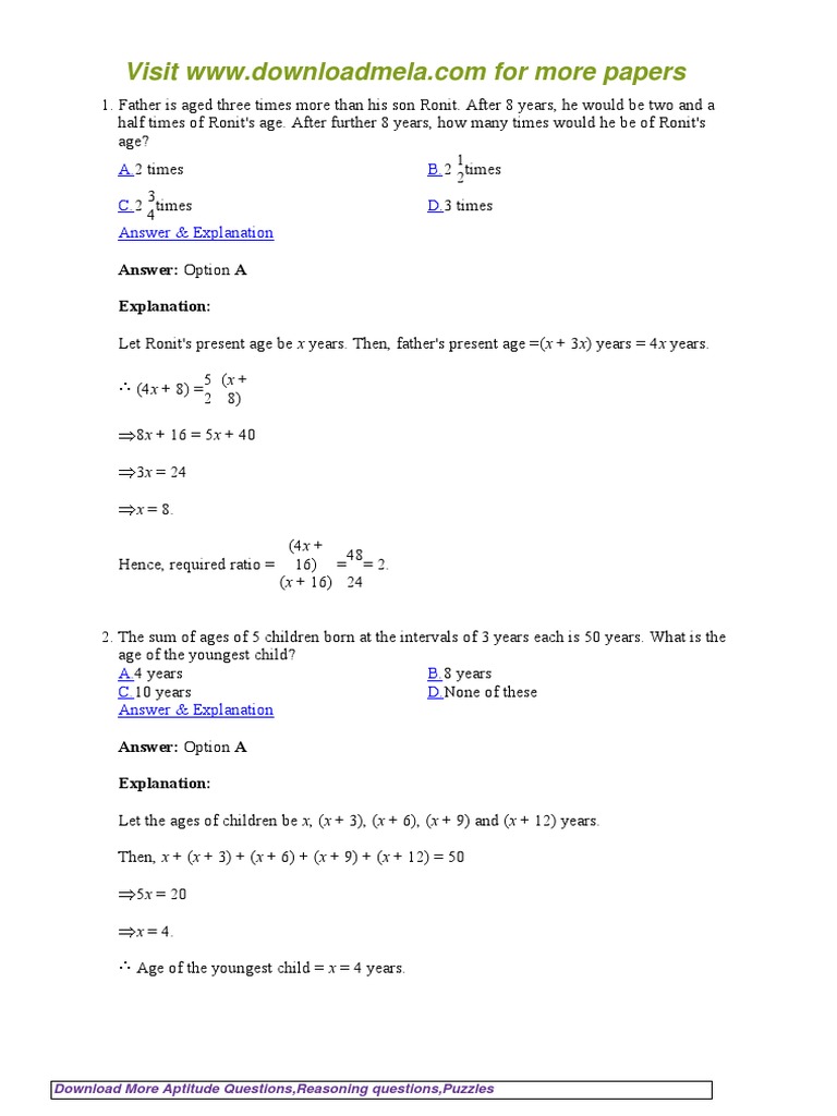 Age Problems and Solutions Guide | PDF | Teaching Mathematics