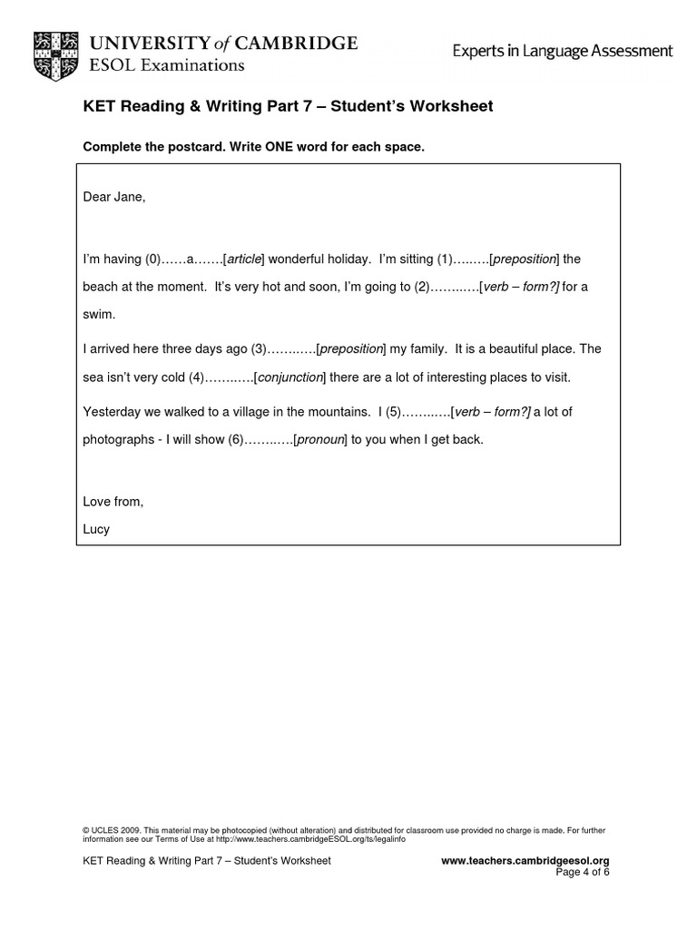 KET Reading & Writing Part 7 Student’s