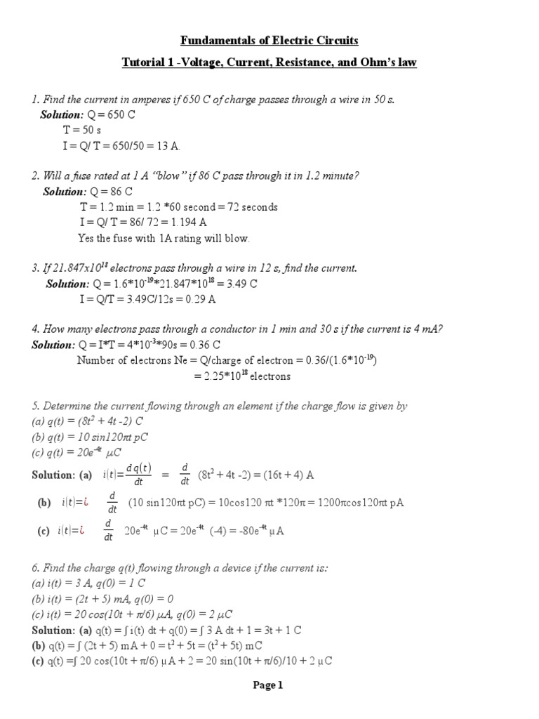 Tutorial Ee1 Electric Current Electrical Resistance And Conductance