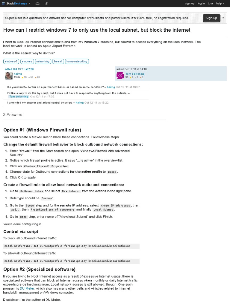 How Can I Restrict Windows 7 To Only Use The Local But Block