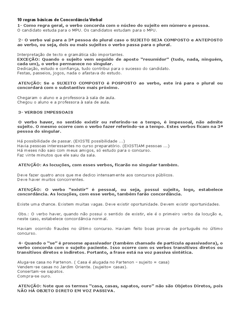 Regras Básicas de Concordância Verbal | PDF | Assunto (gramática) | Pronome