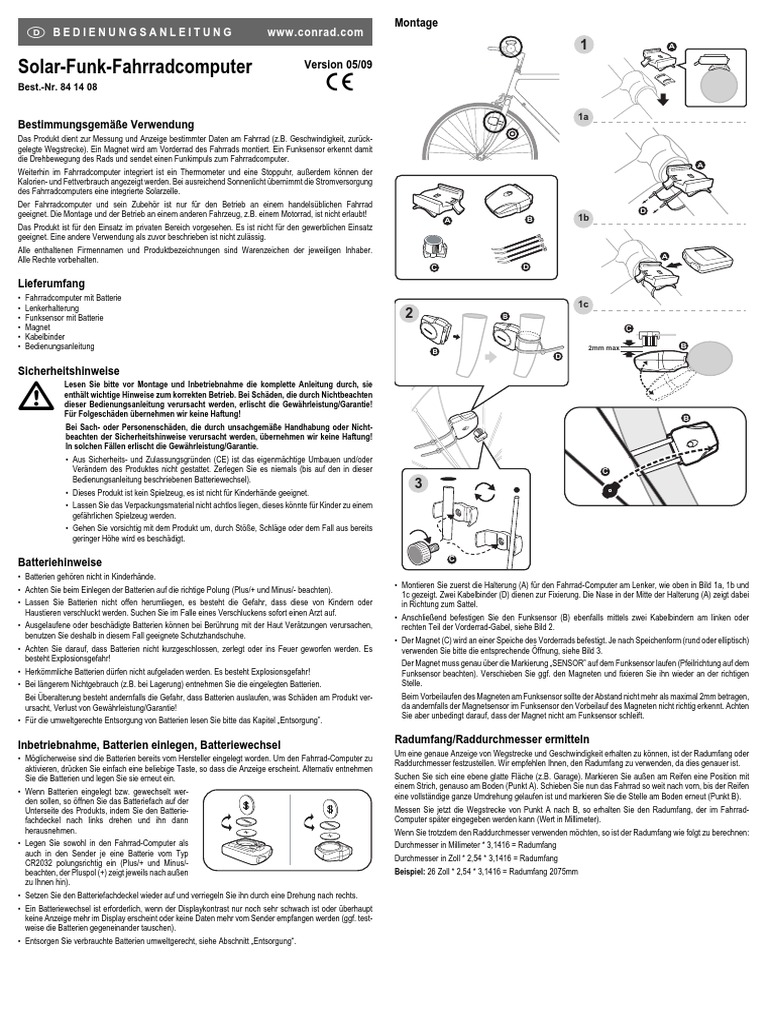841408-An-01-Ml-Solar Funk Fahrradcomputer de en FR NL | PDF