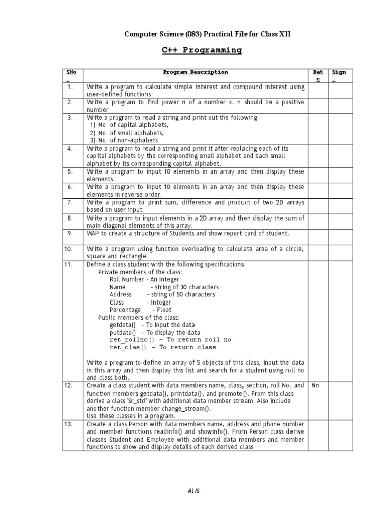 C++ Programming Practical for Class XII | PDF | Method (Computer ...