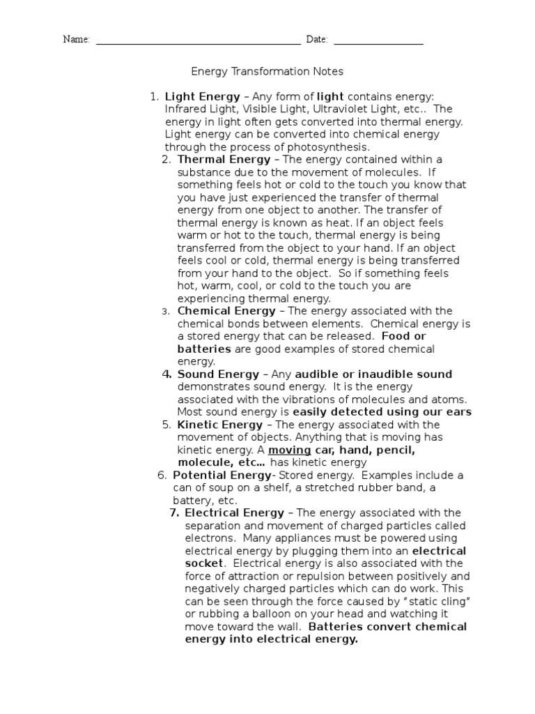 energy transformation notes | Forms Of Energy | Light