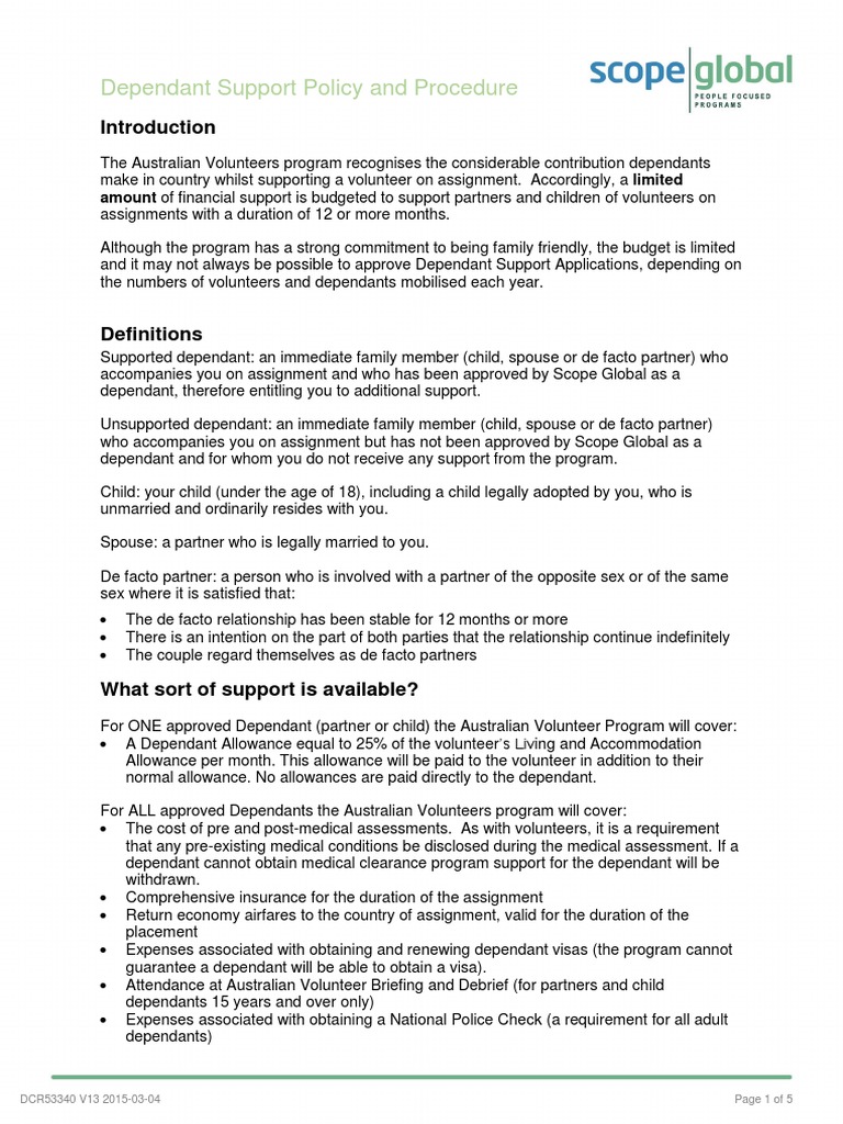 Dependant Support Policy for Volunteers | PDF | Travel Visa | Permanent ...