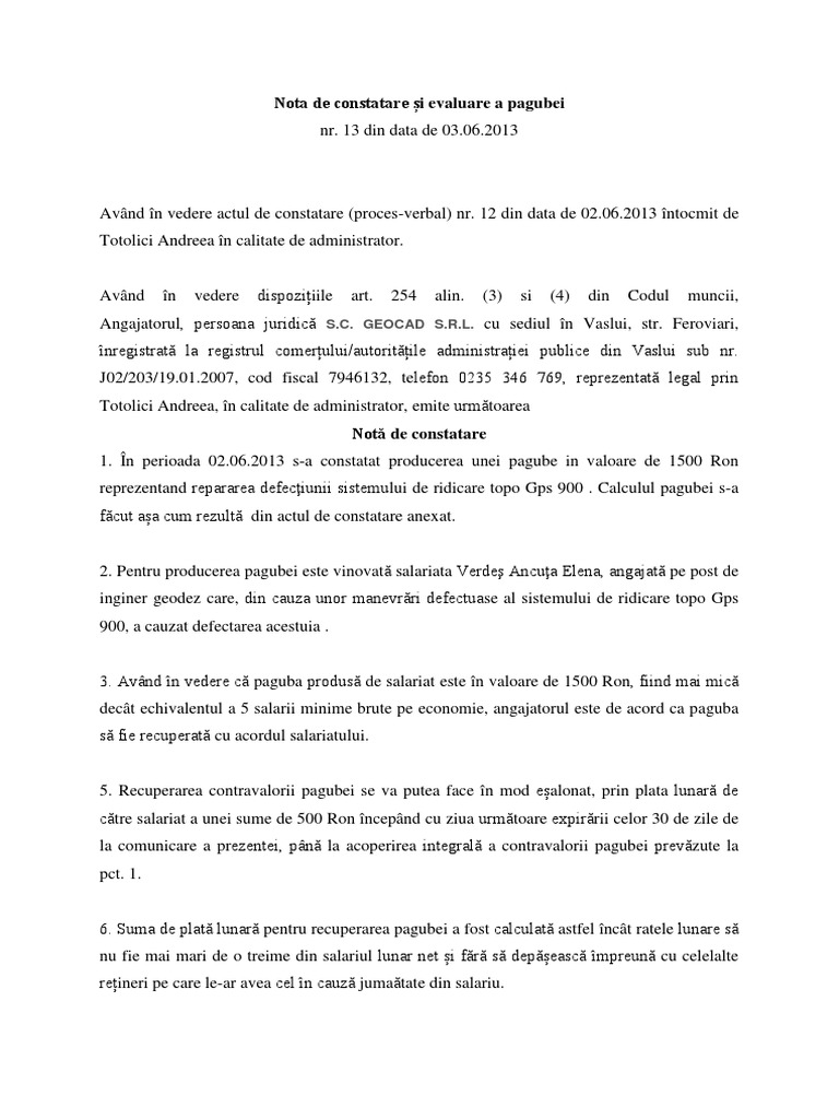 Nota de Constatare A Pagubei | PDF