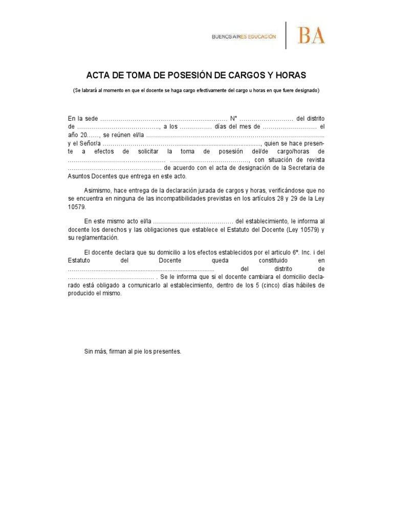 D1 Acta De Toma De Posesión De Cargos Y Horas