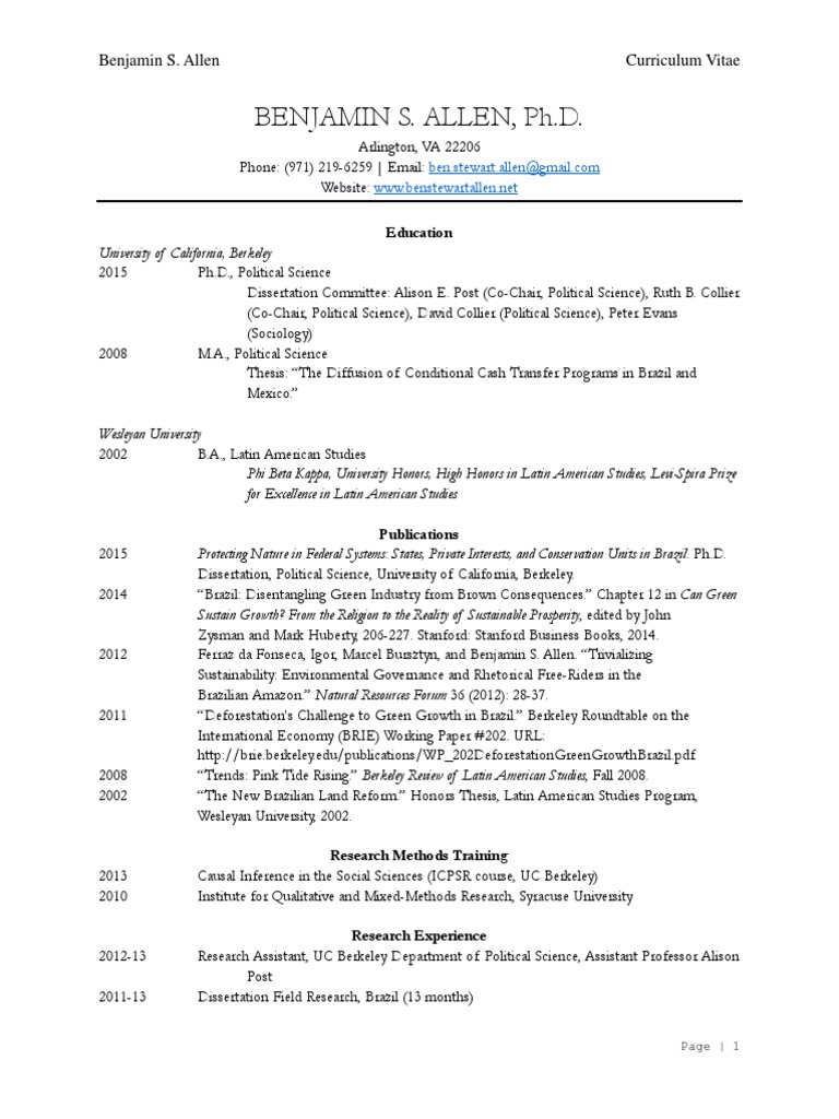 benjamin s allen academic cv 2016 Postgraduate Education Brazil