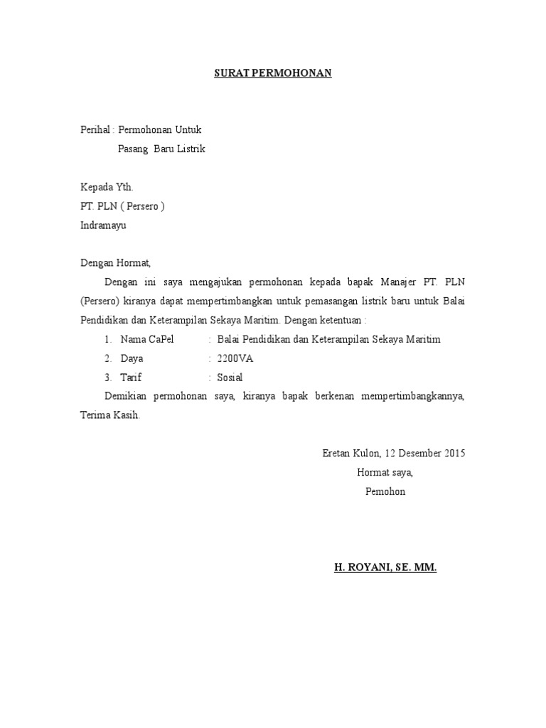 Contoh Surat Permohonan Pemasangan Listrik