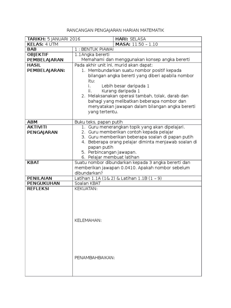 Coontoh Rancangan Pengajaran Harian Matematik Tingkatan 4