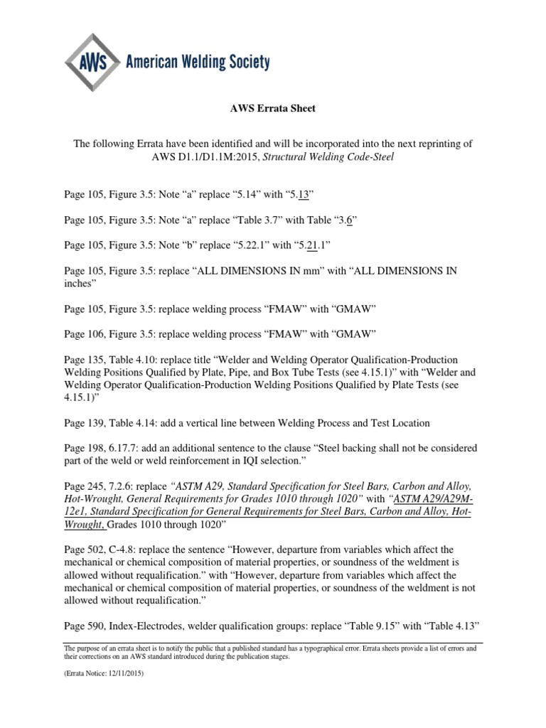 Aws d1 1 d1 1m 2015 structural welding code steel errata