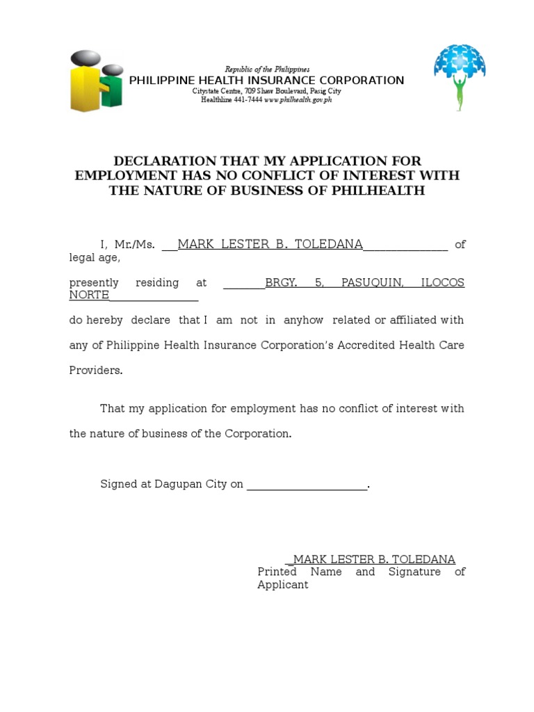 Declaration Of No Conflict Of Interest