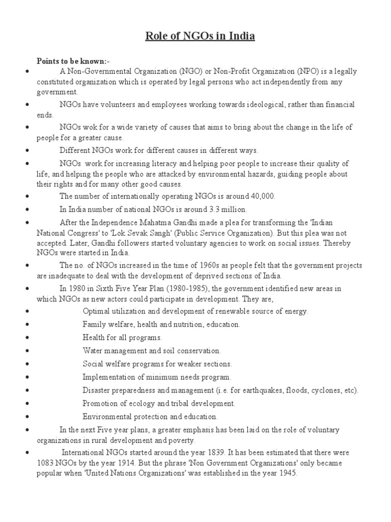 Role of NGOs in India's Social Welfare | PDF | Non Governmental ...