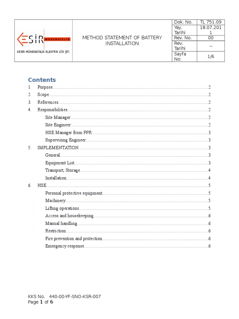 Battery Installation Method Statement | PDF | Personal Protective ...