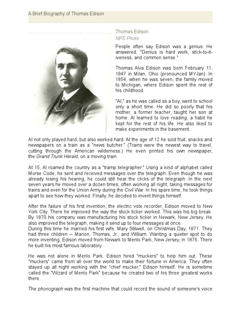 A Brief Biography Of Thomas Edison | Pdf | Thomas Edison