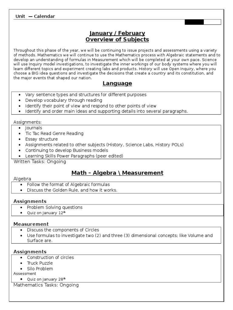 January-February Curriculum Overview | PDF | Educational Assessment ...